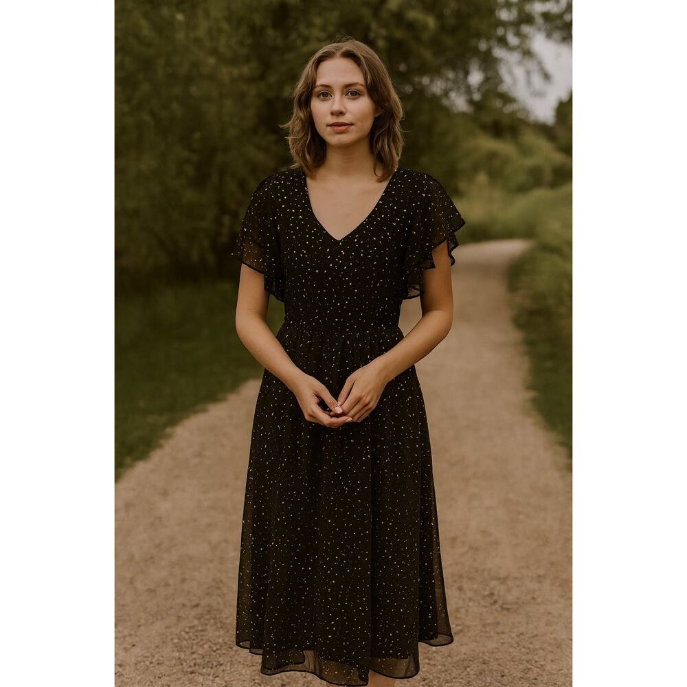 Vintage 80s Black Gold Glitter Midi Flutter Sleeve Dress S/M